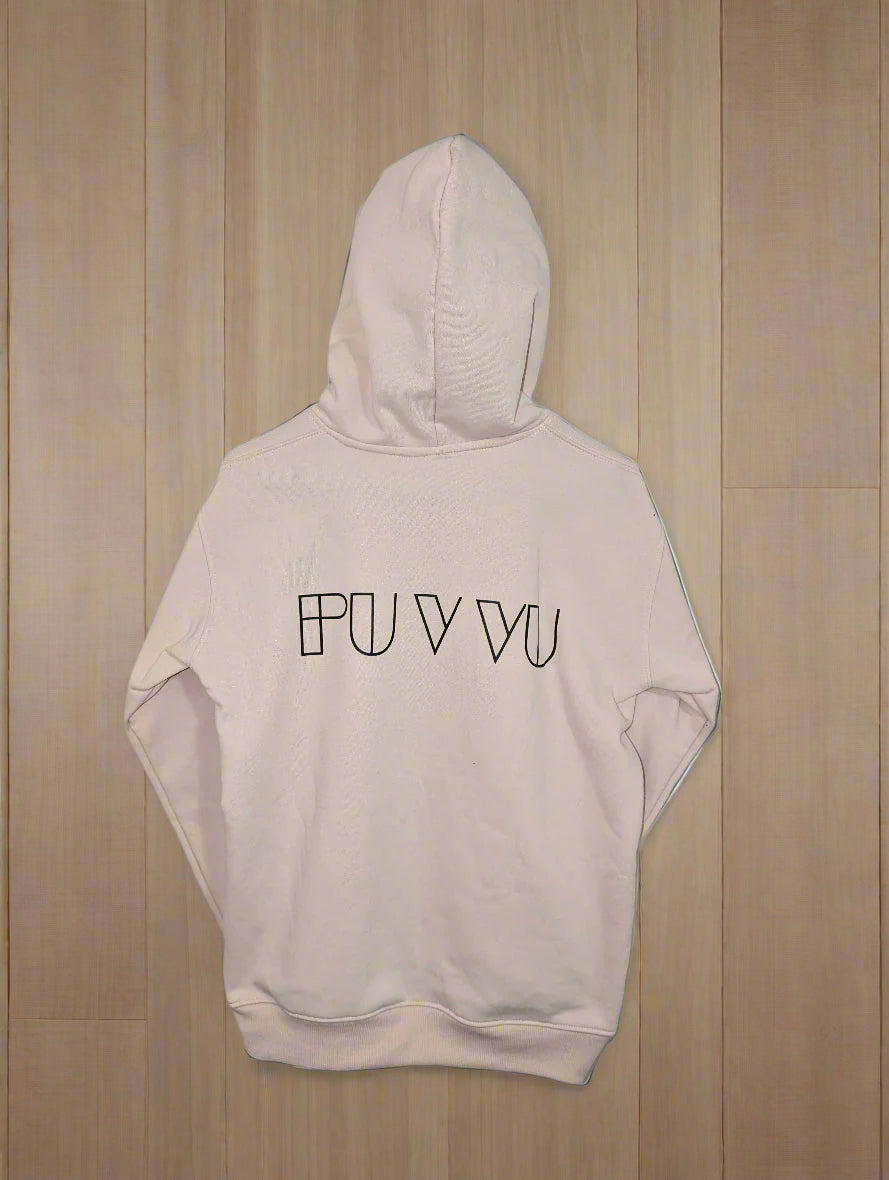 Beige hoodie with 'PUVU' branding on the back against a gray background