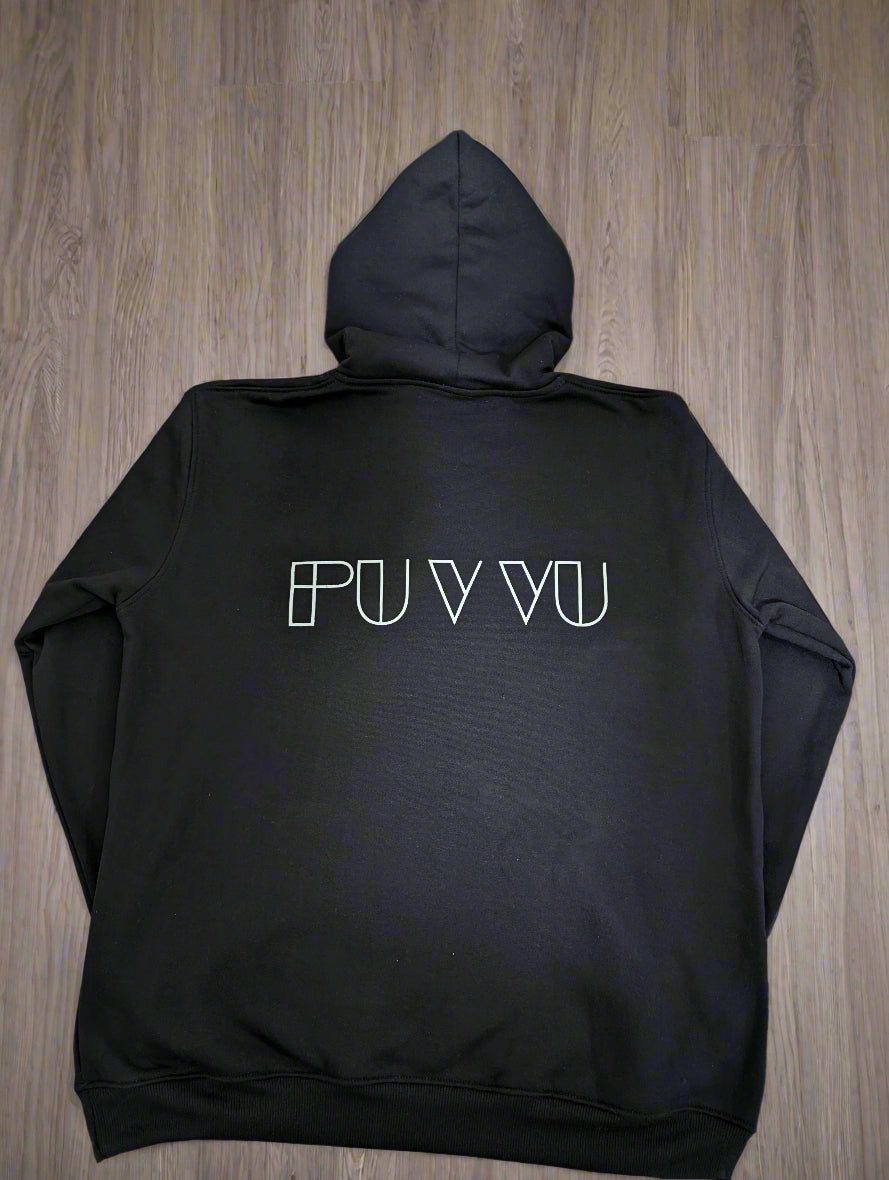 Black hoodie with 'PUVU' logo on a colorful patterned fabric background
