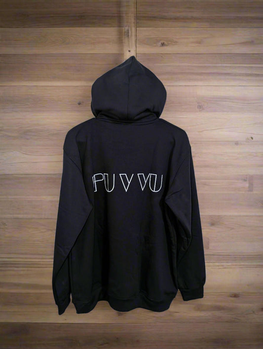 Black hoodie with 'PUVVU' logo on the back against a white background