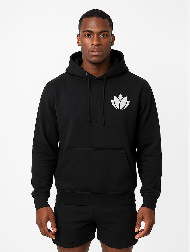 Black hoodie with a logo on the front and 'PUVVU' on the back, worn by a person against a white background.
