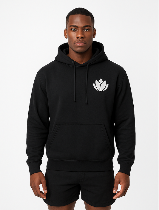 Black hoodie with a logo on the front and 'PUVVU' on the back, worn by a person against a white background.
